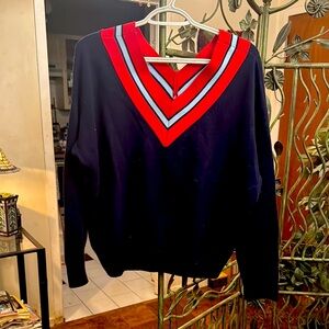 Navy blue/Red Sandro sweater, size L.Defected, has a hole that needs to be sewn.